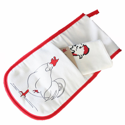 oven gloves and tea towel with a rooster design and red underside