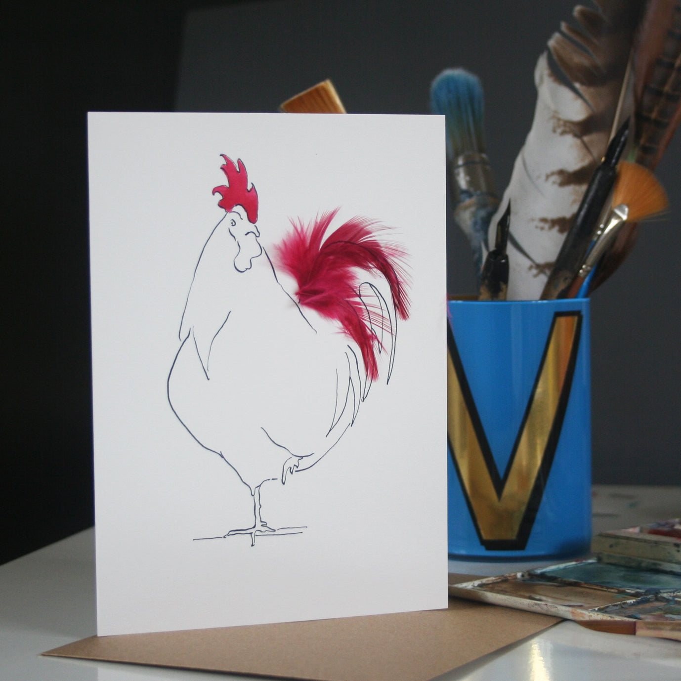 Real Feather Cockerel & Hen Cards