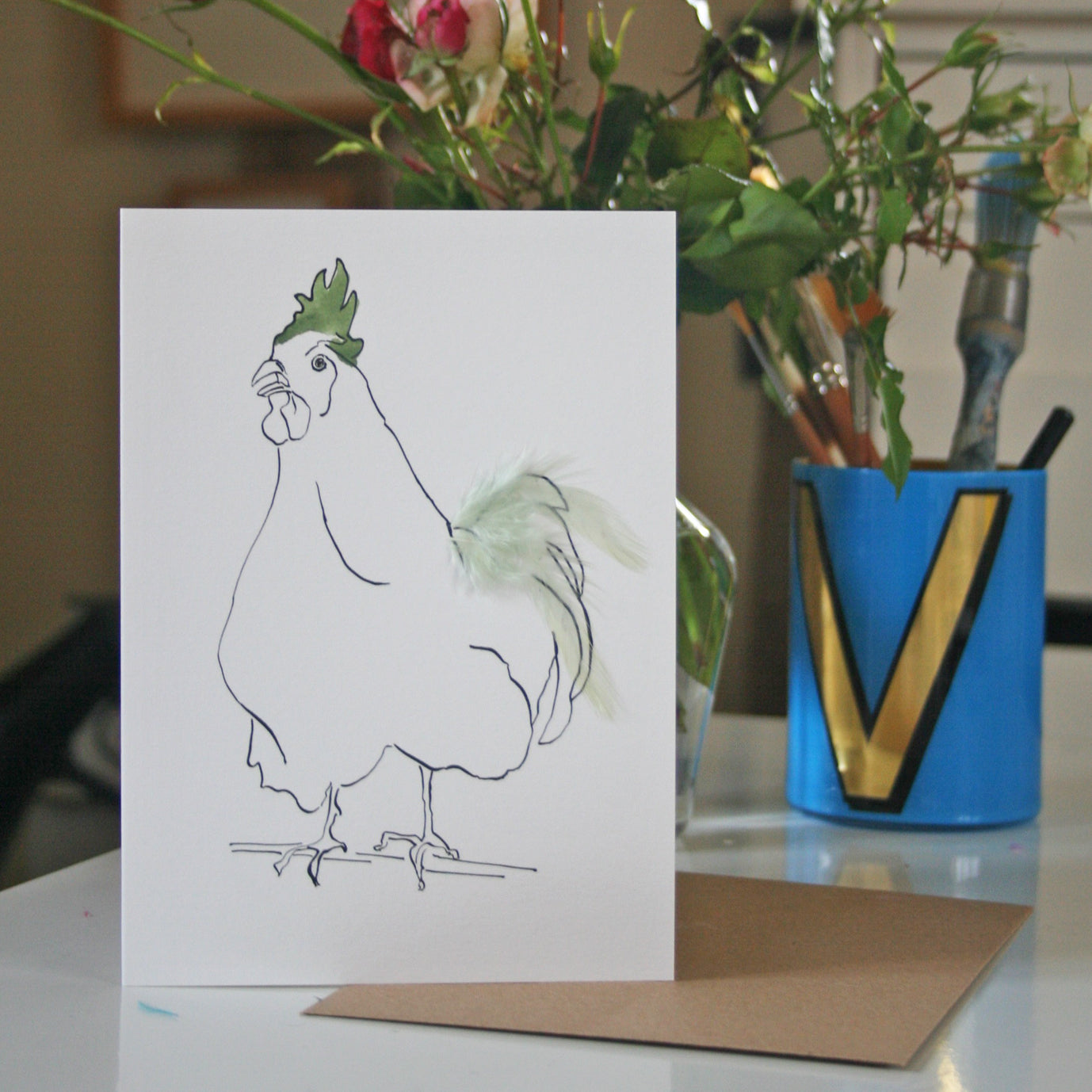Real Feather Cockerel & Hen Cards