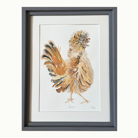 Frizzle hen watercolour framed