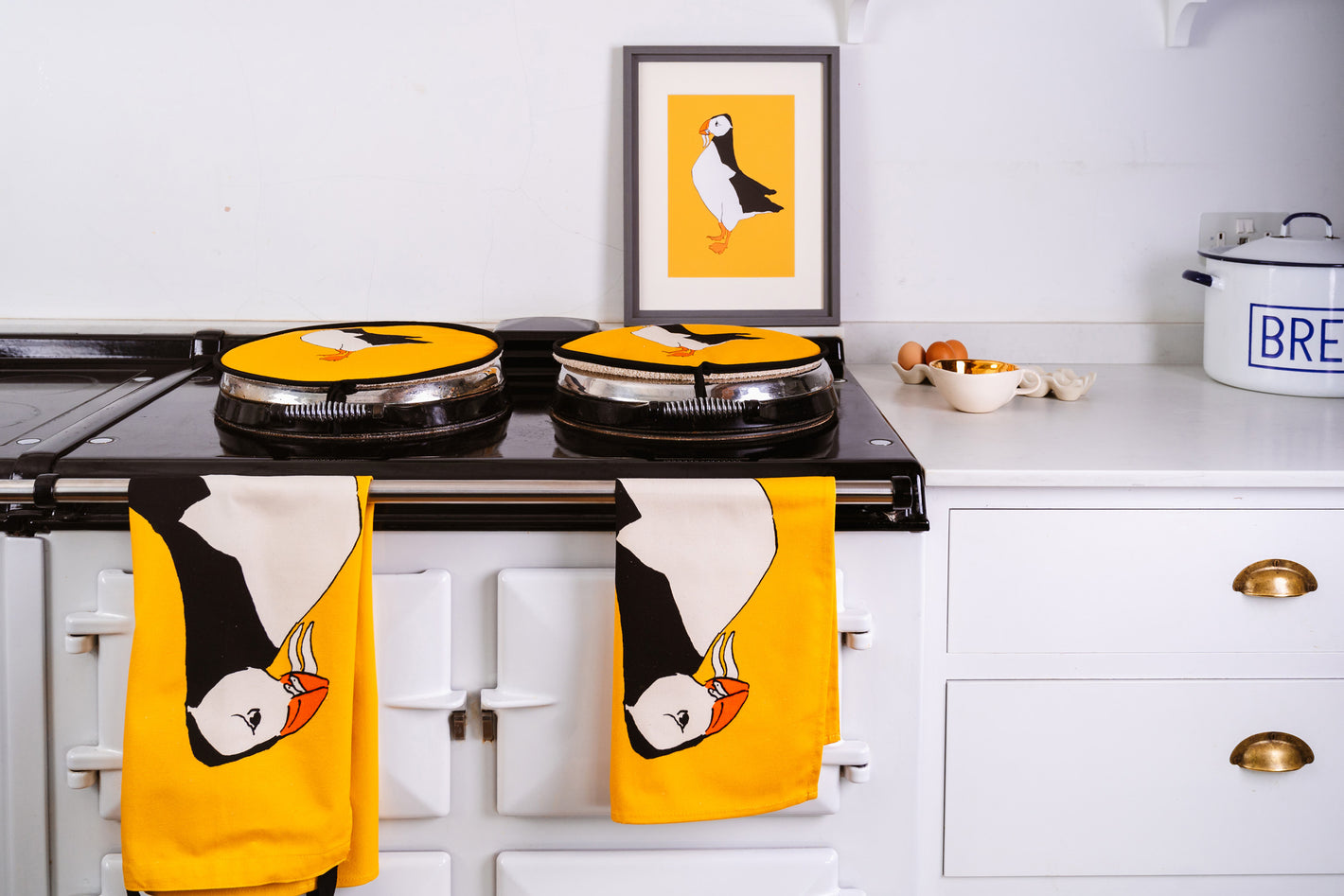 Aga pads from Cluck Cluck in Suffolk with Puffin design