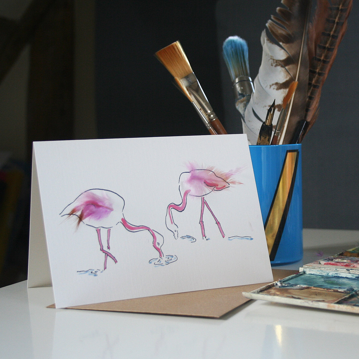 Flamingo card with real feathers