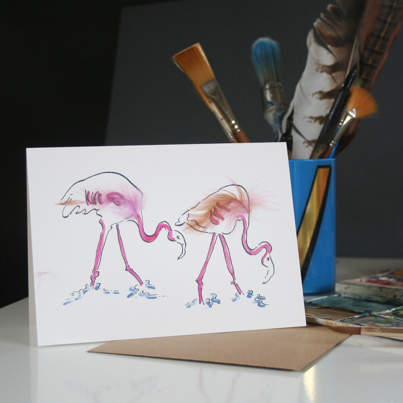 Flamingo card with real feathers
