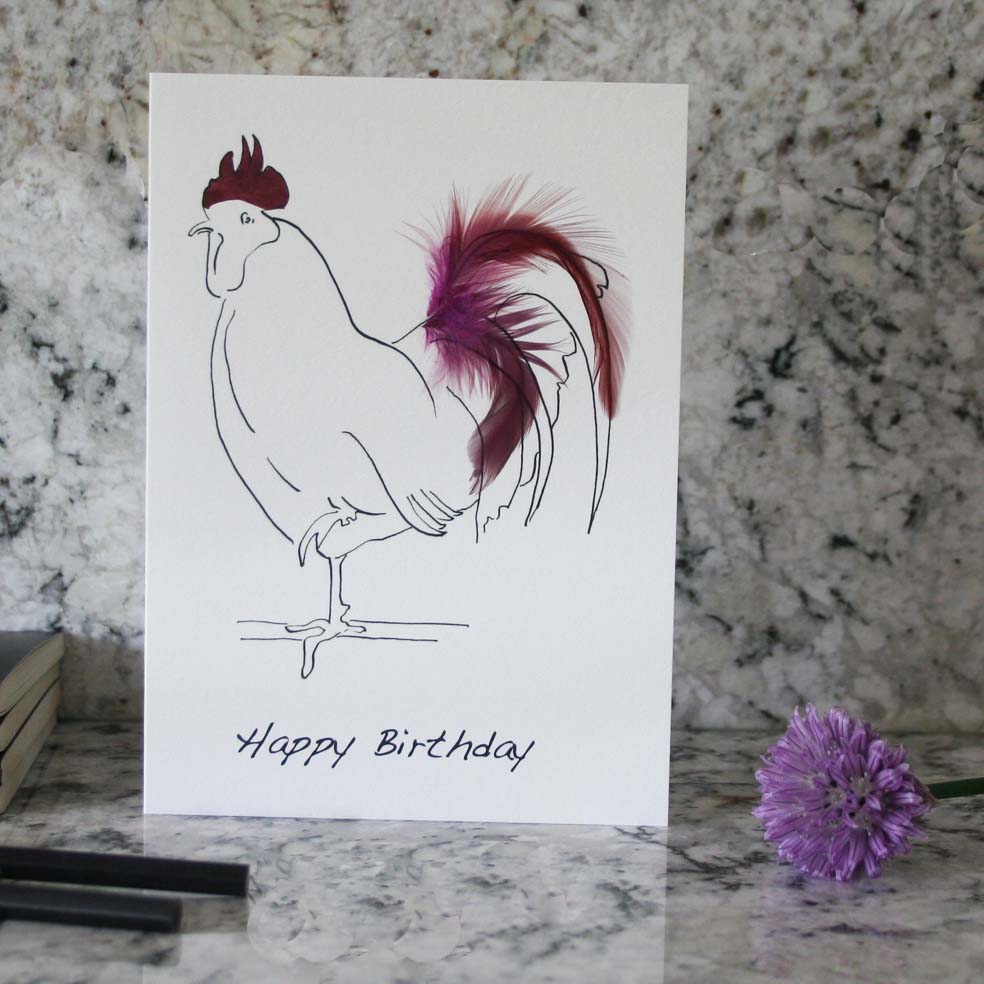 Happy Birthday rooster card hand finished with purple feathers from Cluck Cluck!