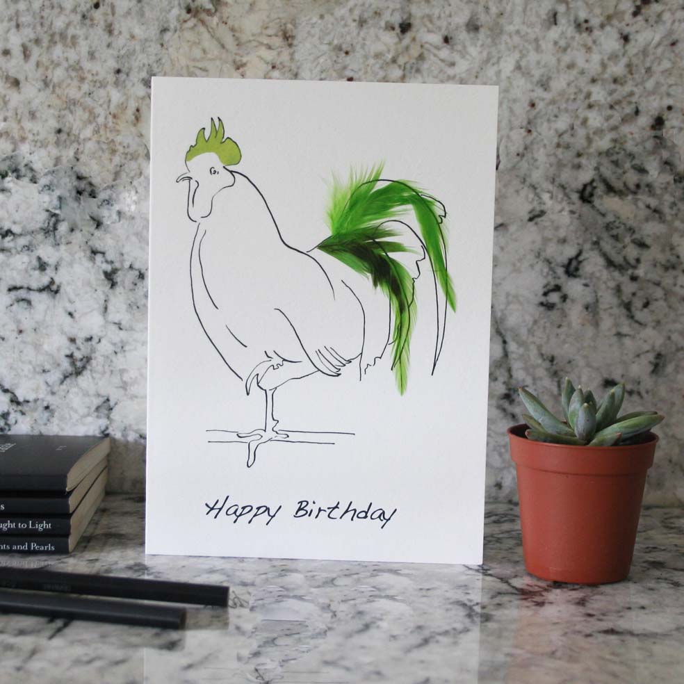 Happy Birthday card hand finished with green feathers from Cluck Cluck!
