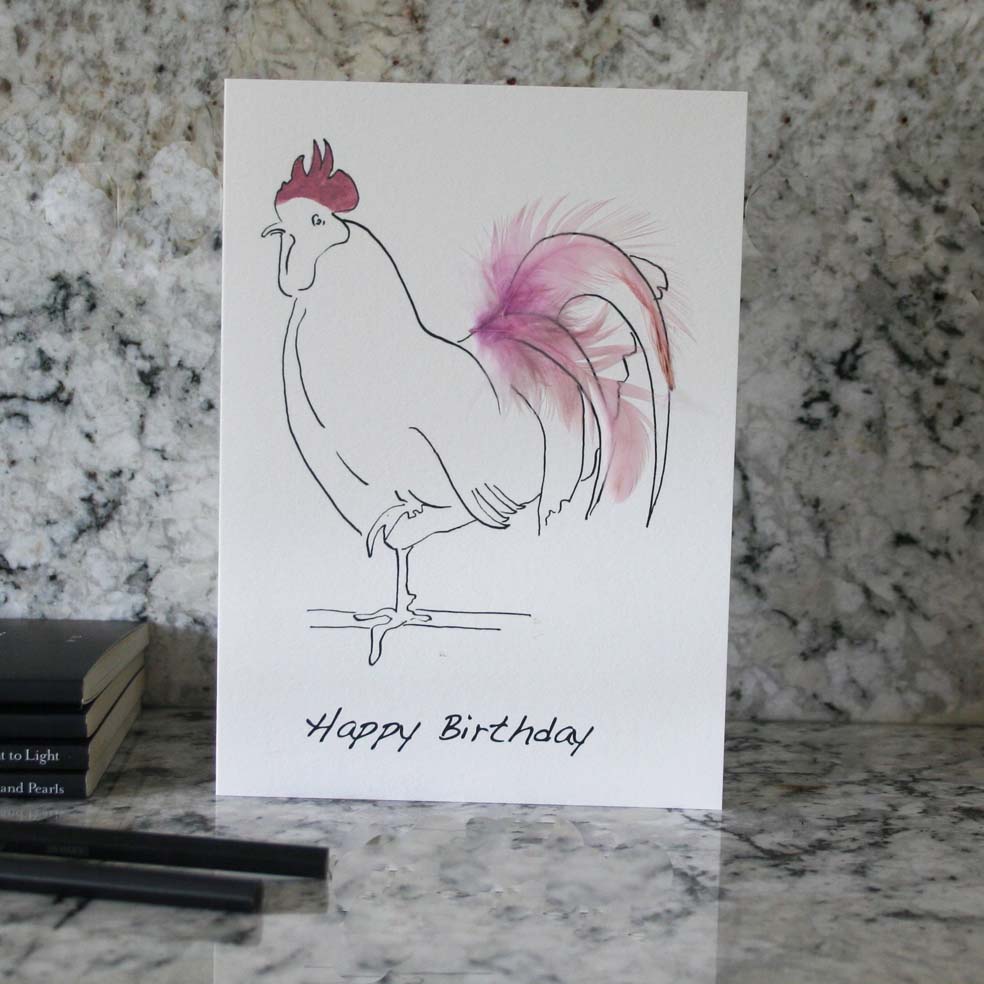 Happy Birthday card hand finished with pale pink feathers from Cluck Cluck!