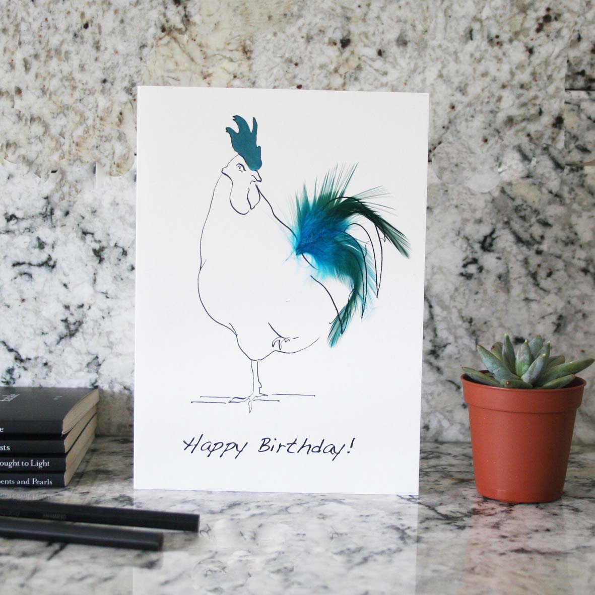 Oh Sir Happy birthday cockerel feather card in blue