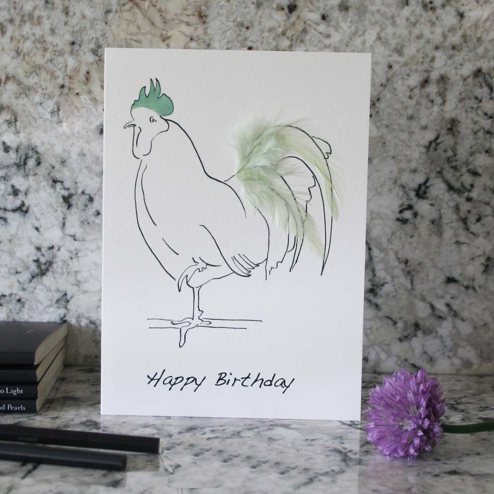 Happy Birthday card hand finished with pale green feathers from Cluck Cluck!