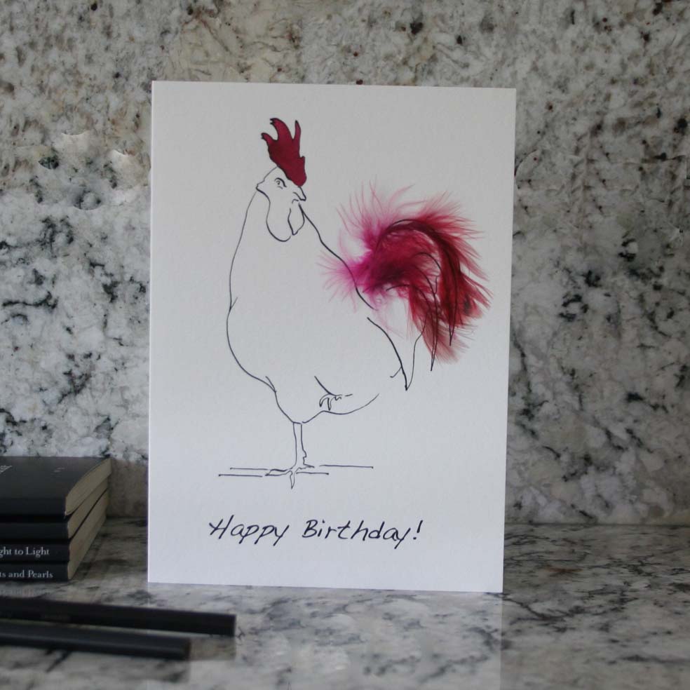 Oh Sir Happy birthday cockerel feather card in pink