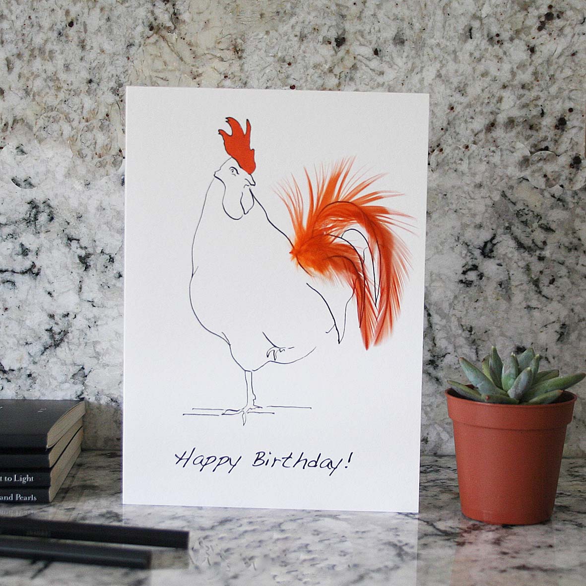Oh Sir Happy birthday cockerel feather card in orange