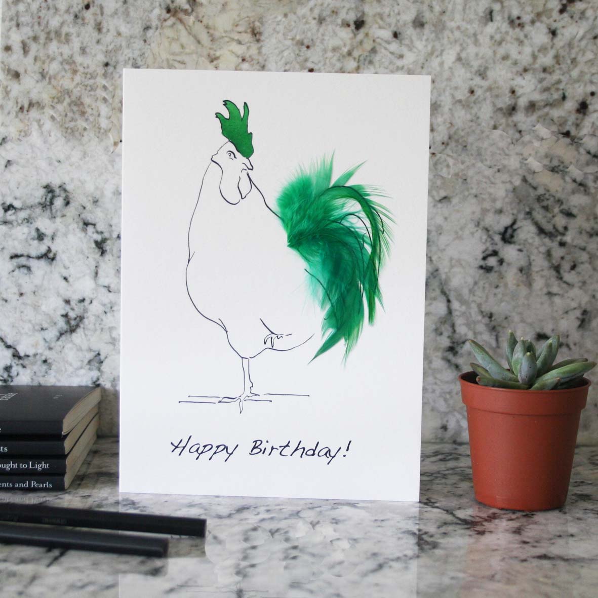 Oh Sir Happy birthday cockerel feather card in green