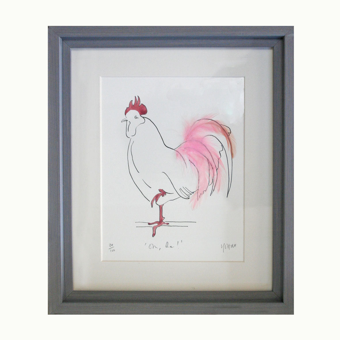 Hen print with real feathers framed