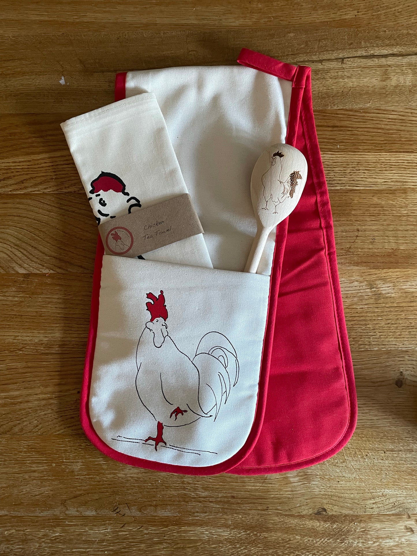 Hen Oven Glove, Tea Towel & Wooden spoon