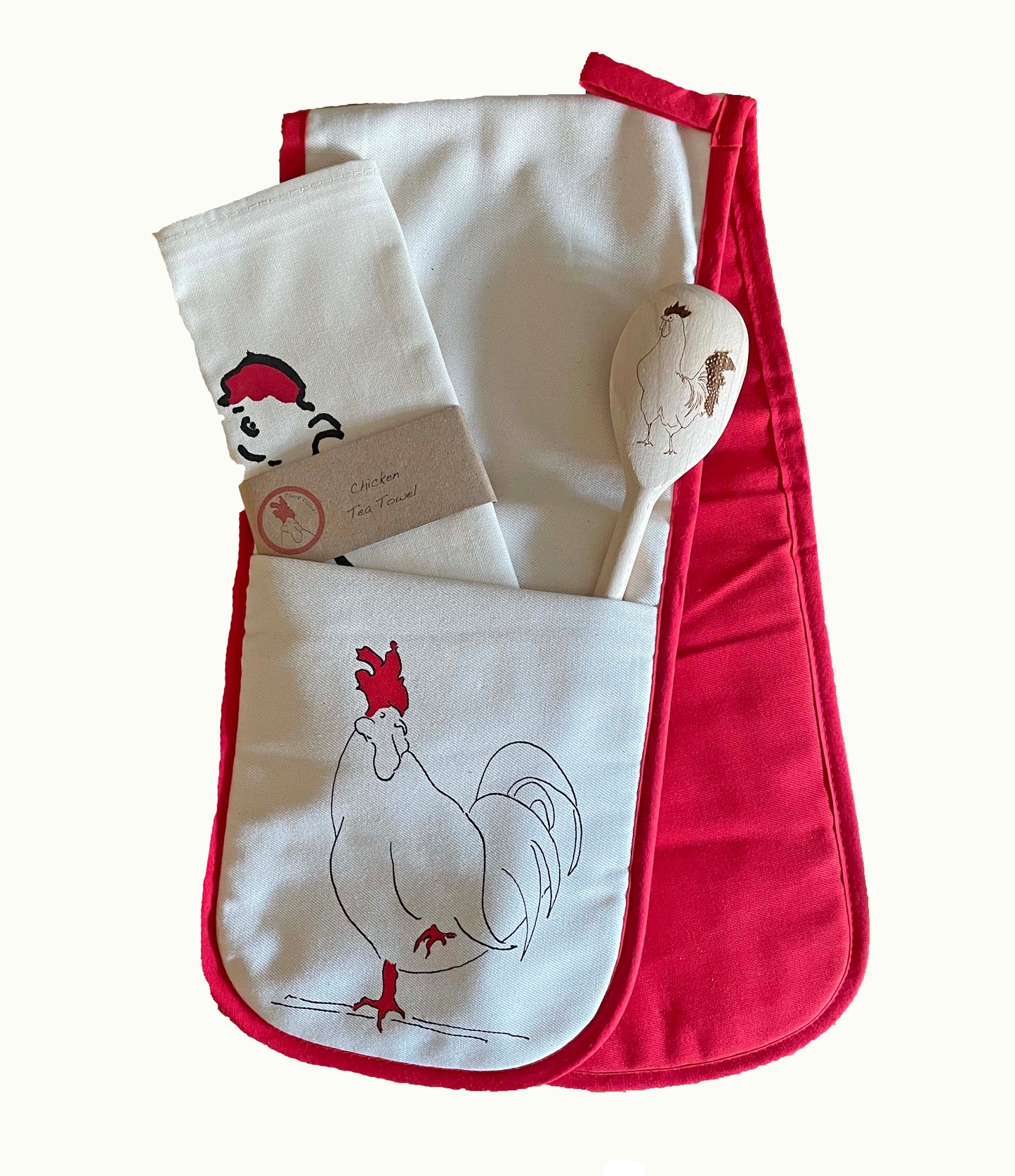 Hen Oven Glove, Tea Towel & Wooden spoon