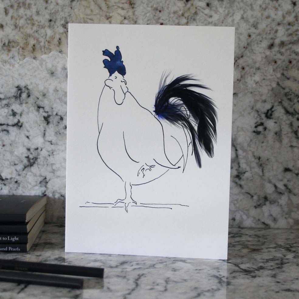 Oh la la cockerel card is hand finshed with dark blue feathers