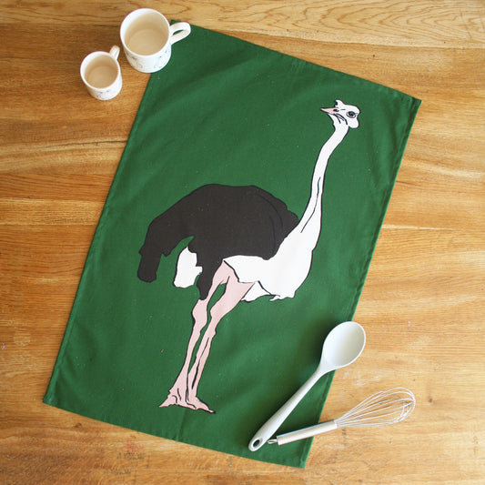 green tea towel with ostrich design