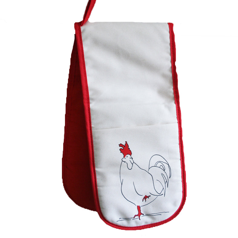 oven gloves with a rooster design and red underside