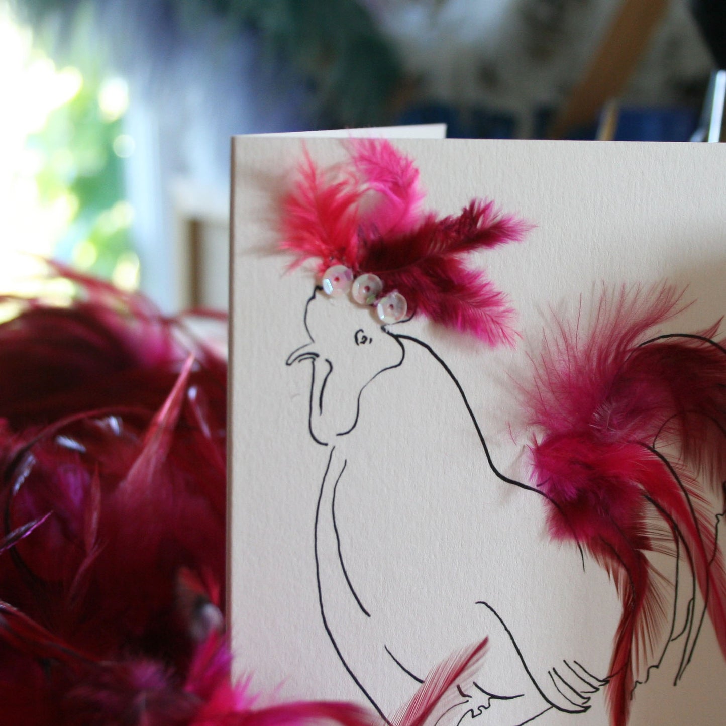 Hen card with real feathers in pink
